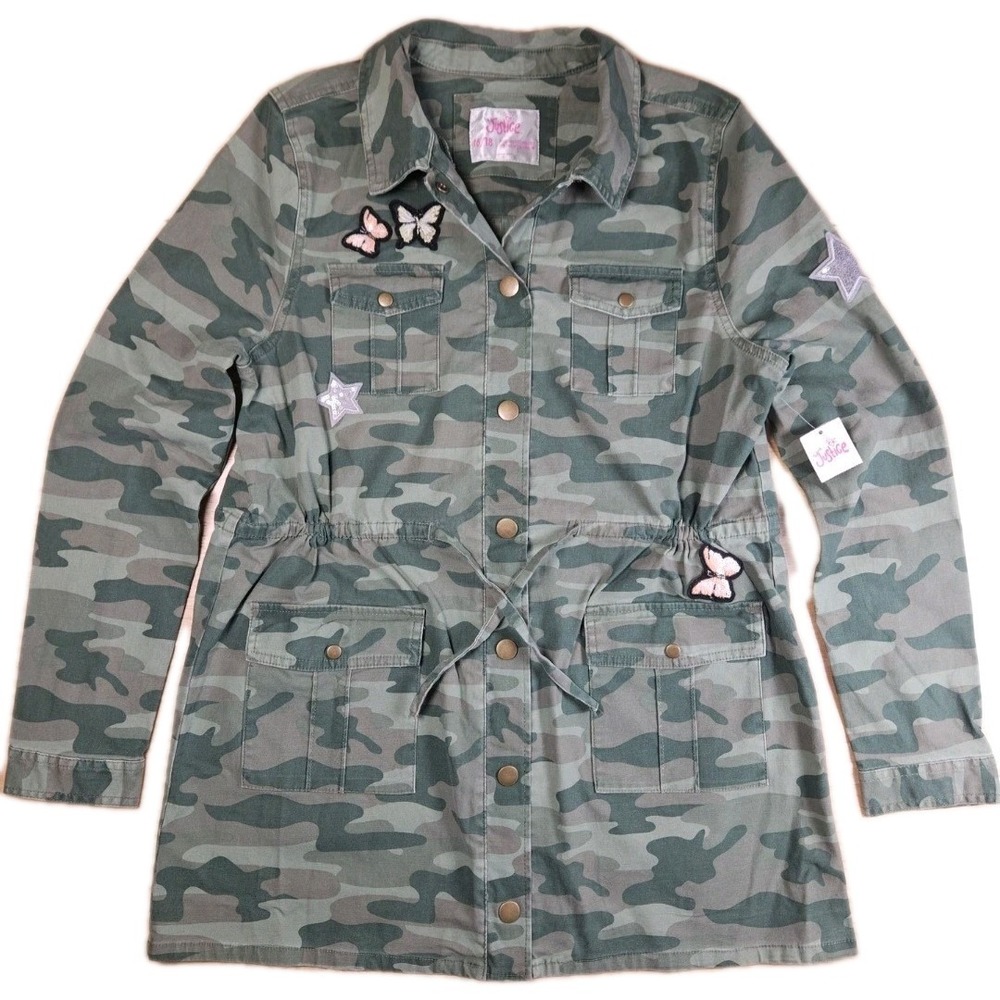 Justice Jacket Girls Size 16 / 18 Plus Camo Green Butterfly Star Patches Pockets
